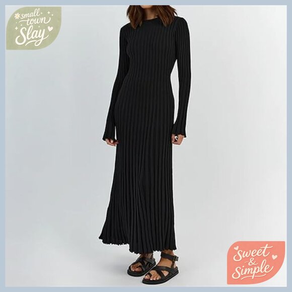 Long Sleeve Ribbed Maxi Dress Bodycon Slim Fit Knit Sweater Dress - Picture 5 of 7